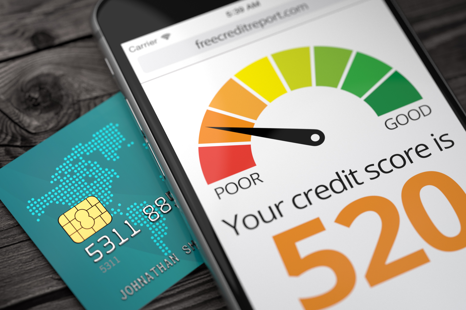 Poor credit score shown on smartphone with credit card, representing rebuilding credit