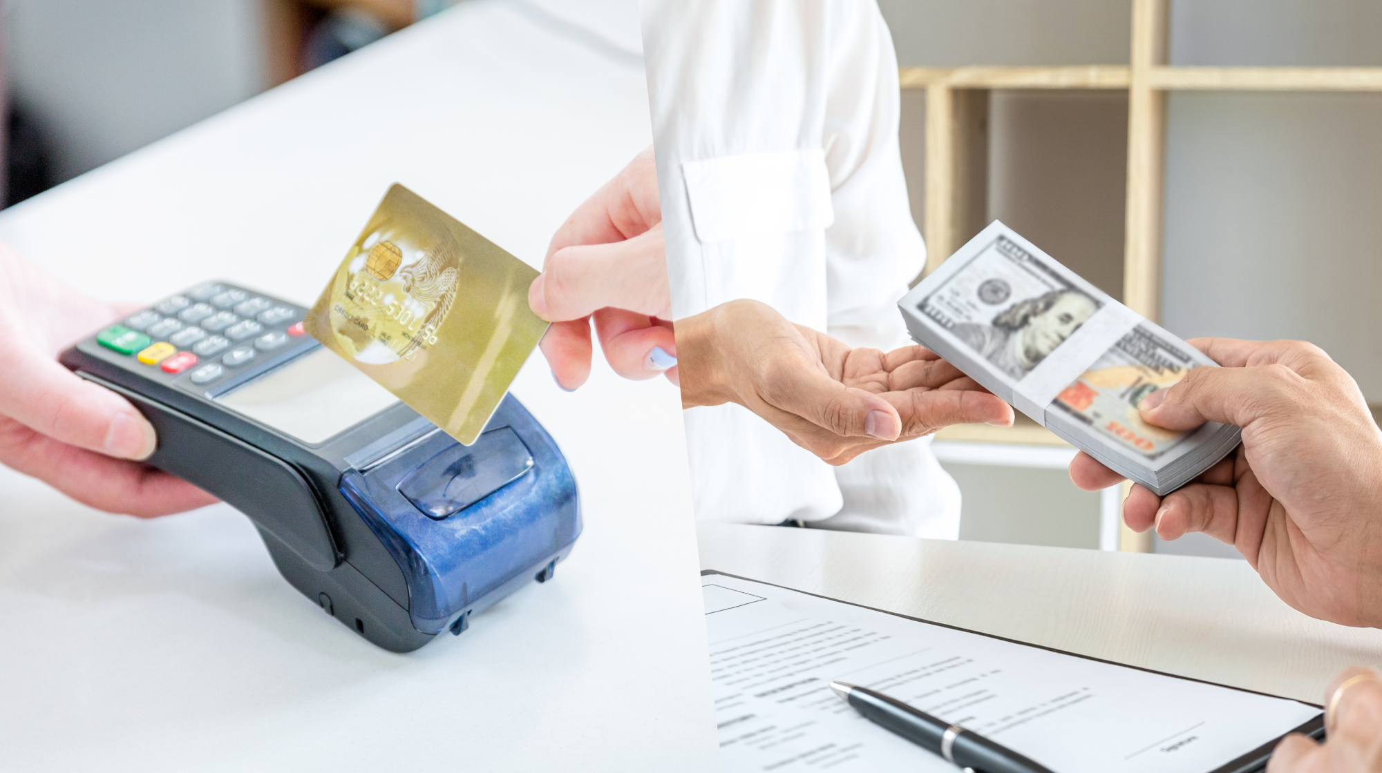 Split image showing a credit card cash advance and a licensed moneylender loan to compare two short-term borrowing options.