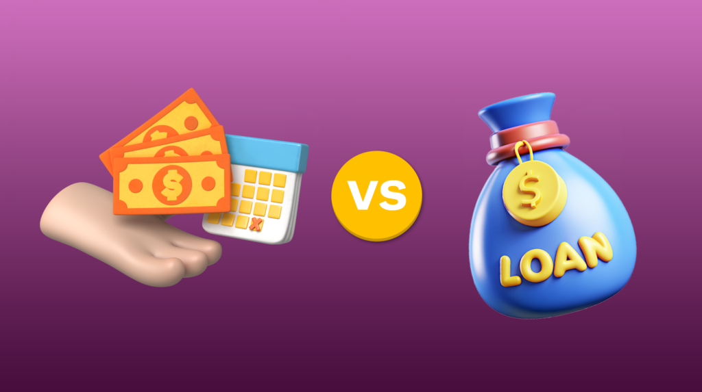 Illustration comparing payday loans vs salary advances, showing cash and payroll on one side and a loan money bag on the other to highlight the key differences.