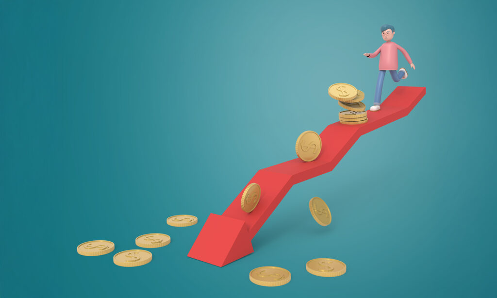 Illustration of a person balancing on an uneven financial path with scattered coins, representing irregular CPF contributions and their impact on a loan application.
