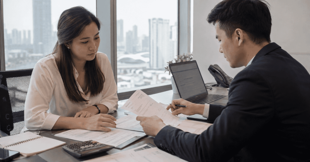 Borrower discussing loan documents with a lender after changing jobs, highlighting what lenders may consider when reviewing a loan application.