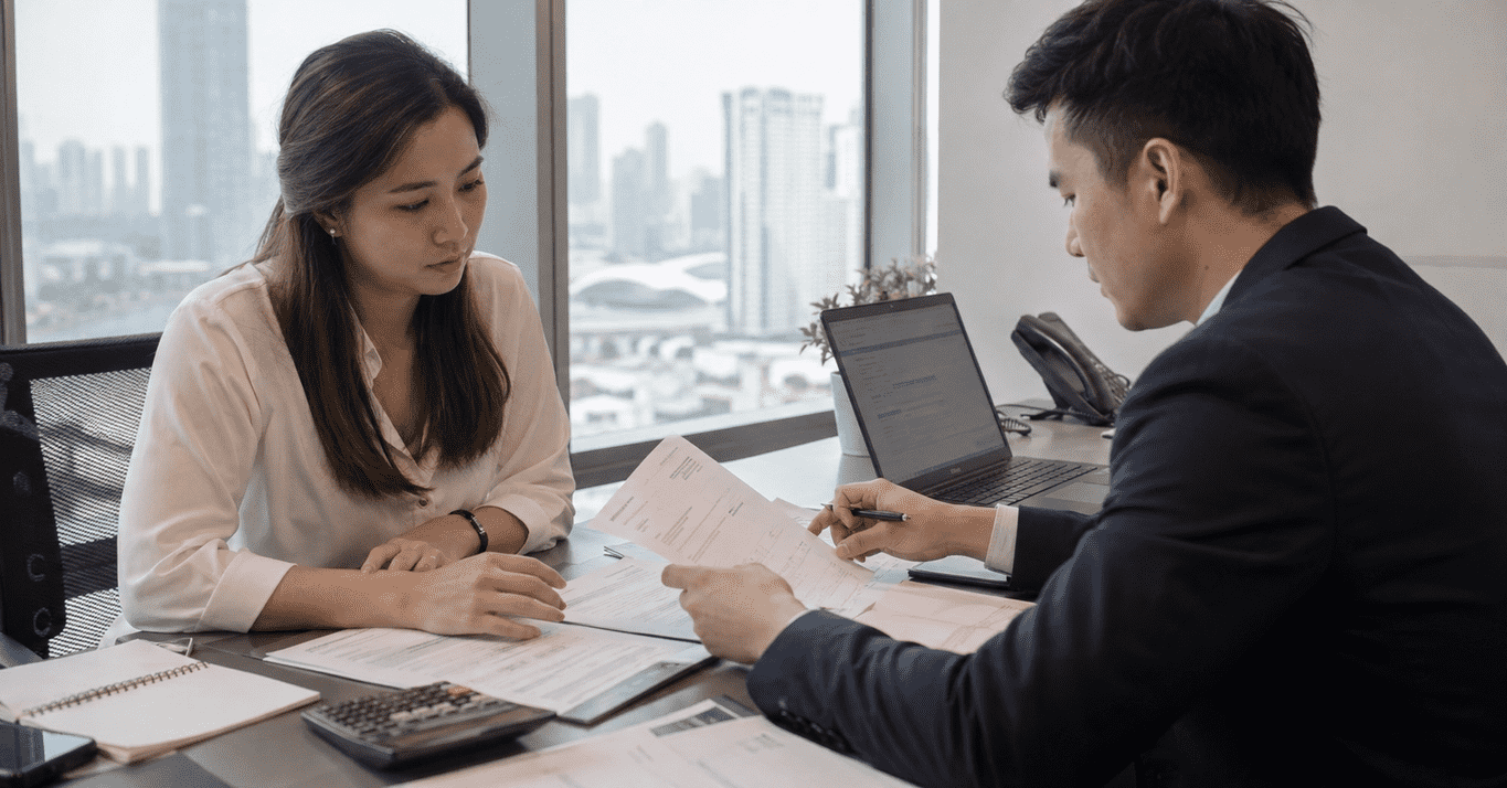 Borrower discussing loan documents with a lender after changing jobs, highlighting what lenders may consider when reviewing a loan application.