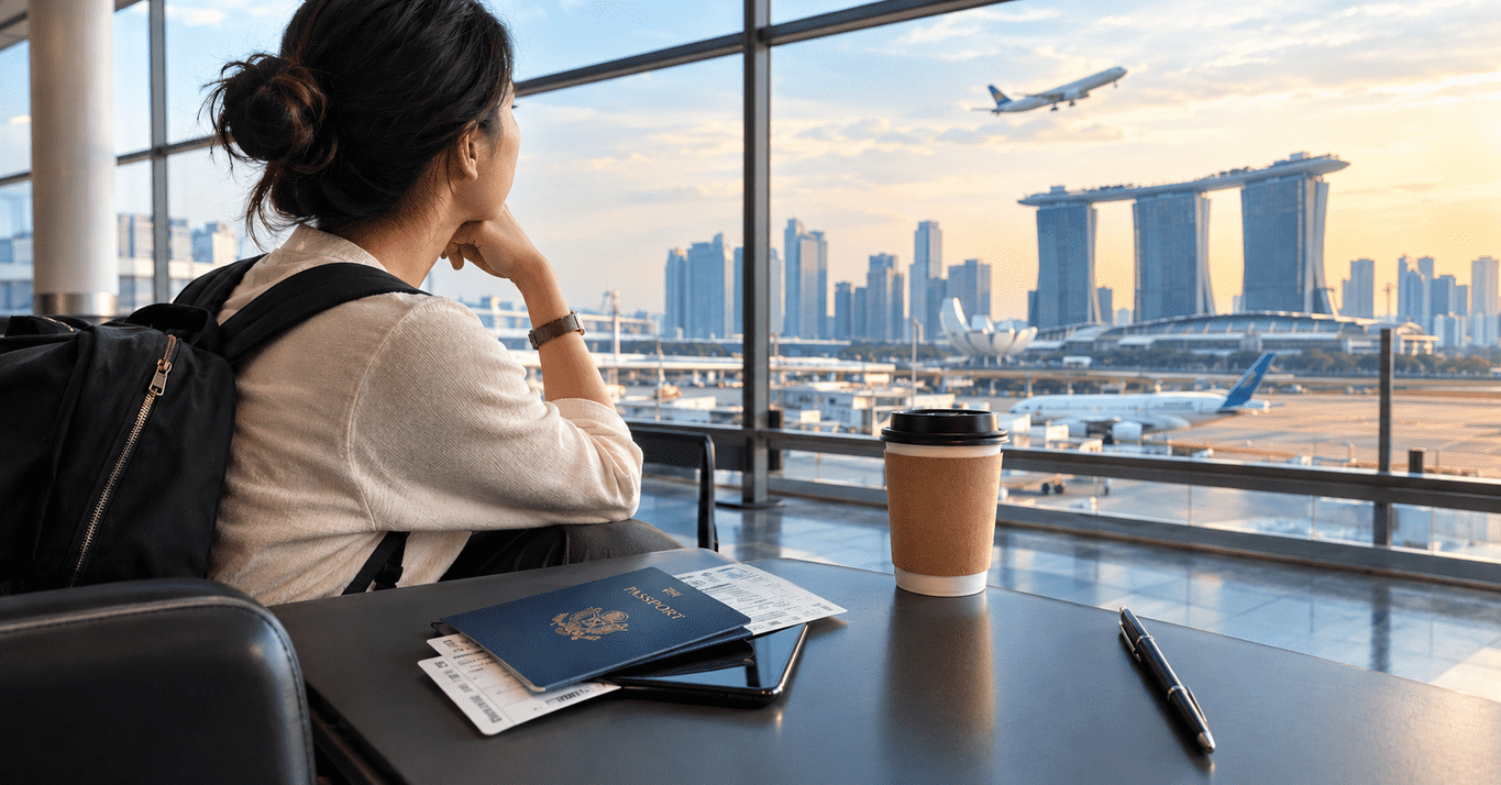 Woman preparing to leave Singapore with an outstanding loan, seated at an airport with her passport and boarding passes.