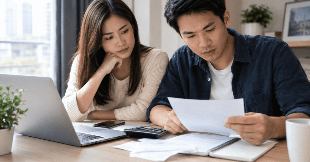 A couple reviewing loan documents and calculating their finances to prepare for a future loan application in Singapore.