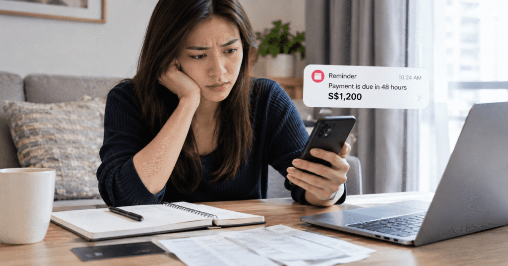 Woman checking an urgent payment reminder on her phone while reviewing bills and finances in Singapore.